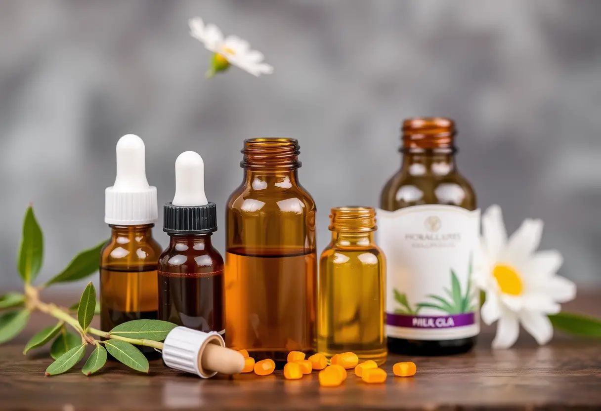 Bottles of essential oils and supplements with droppers, a flowering plant, and scattered orange capsules on a wooden surface.