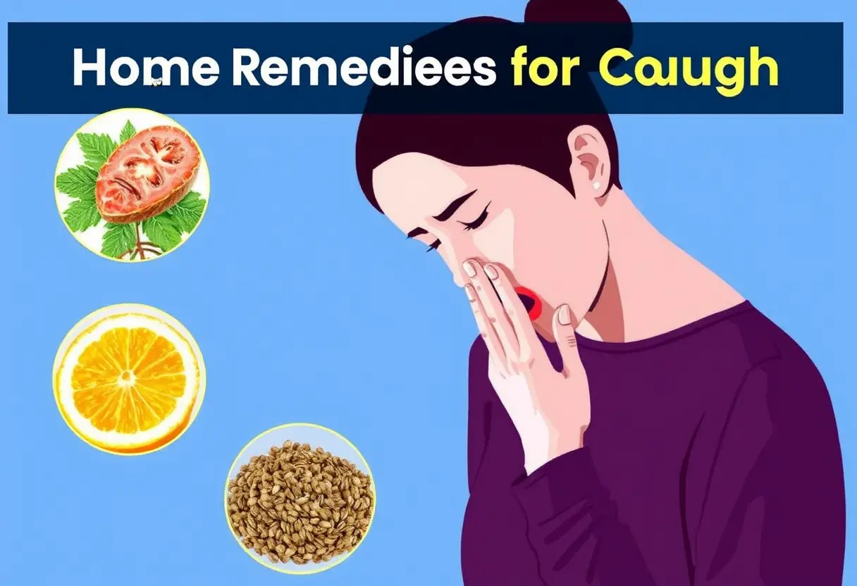 Illustration of a person covering their mouth while coughing. The text reads "Home Remediees for Caugh." Images of herbs, an orange slice, and seeds appear on the left.