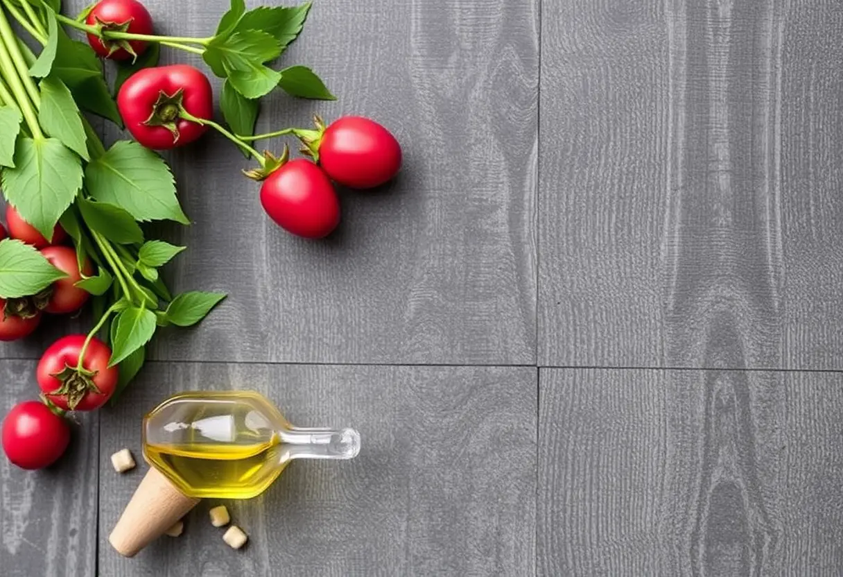 Fresh red tomatoes with green leaves on a wooden surface next to a glass bottle of olive oil.