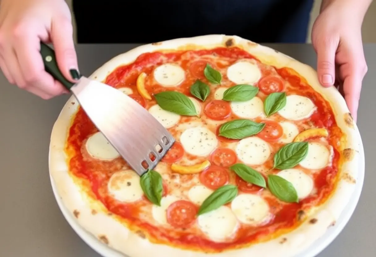 A person cuts a freshly made margherita pizza with basil, tomato sauce, and mozzarella cheese.