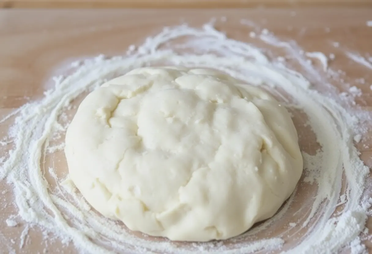 A ball of dough on a floured wooden surface.