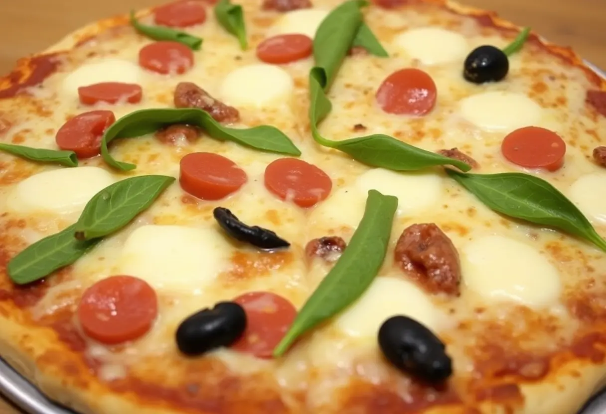 A close-up of a pizza topped with cherry tomatoes, mozzarella, black olives, sausage, and fresh basil leaves.