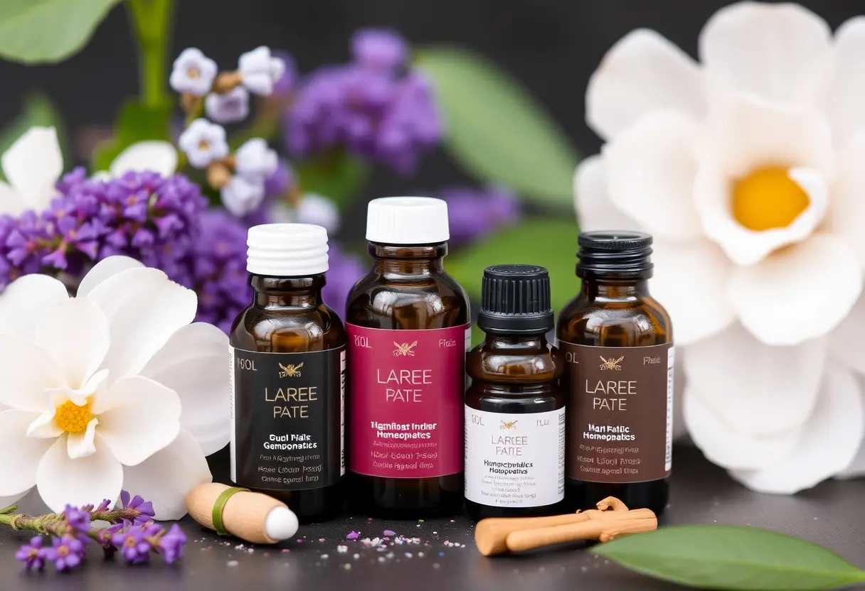 Bottles of Laree Pate homeopathic products are displayed with purple and white flowers in the background, creating a natural, serene setting.