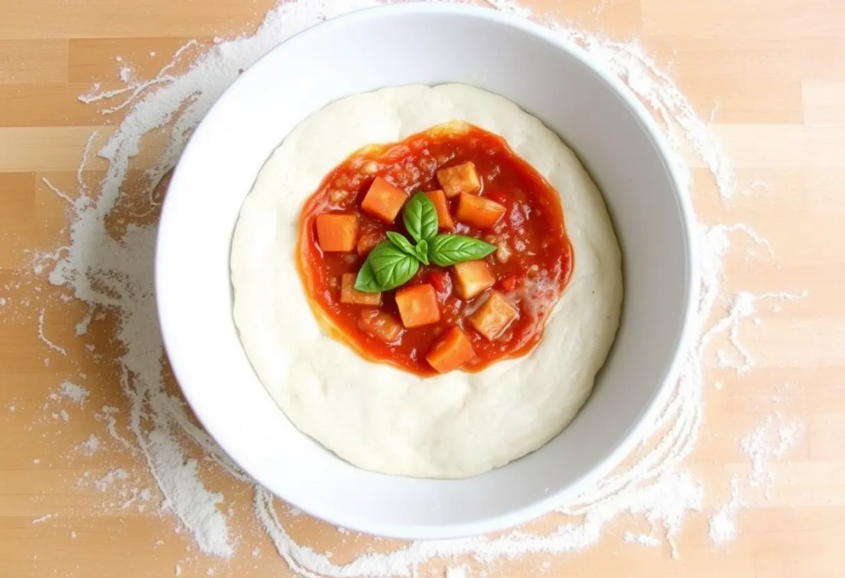 A bowl of uncooked pizza dough topped with tomato sauce, diced vegetables, and basil leaves, surrounded by scattered flour on a wooden surface.