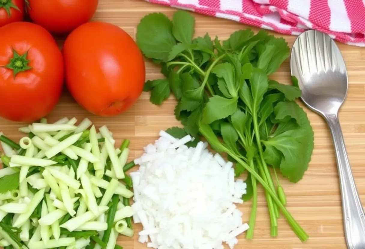 Fresh vegetables and herbs on a wooden board, including tomatoes, cilantro, chopped zucchini, and onions, with a spoon and red-checked cloth beside them.