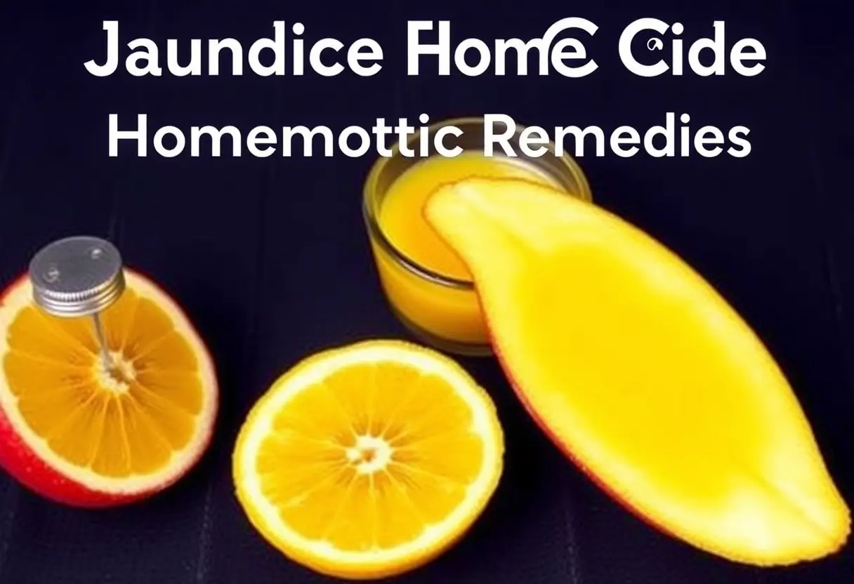 Sliced citrus fruits with a syringe and glass of juice, with text "Jaundice Home Cide Homemade Remedies."