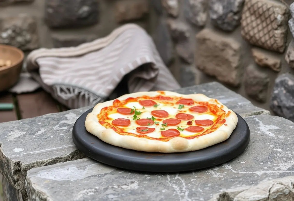 A freshly baked pepperoni pizza on a black plate, placed on a stone surface with a striped cloth in the background.