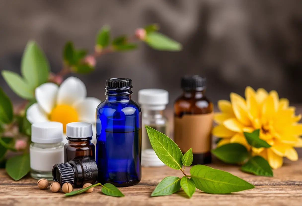 A collection of essential oil bottles on a wooden surface, surrounded by various leaves and flowers for decoration.