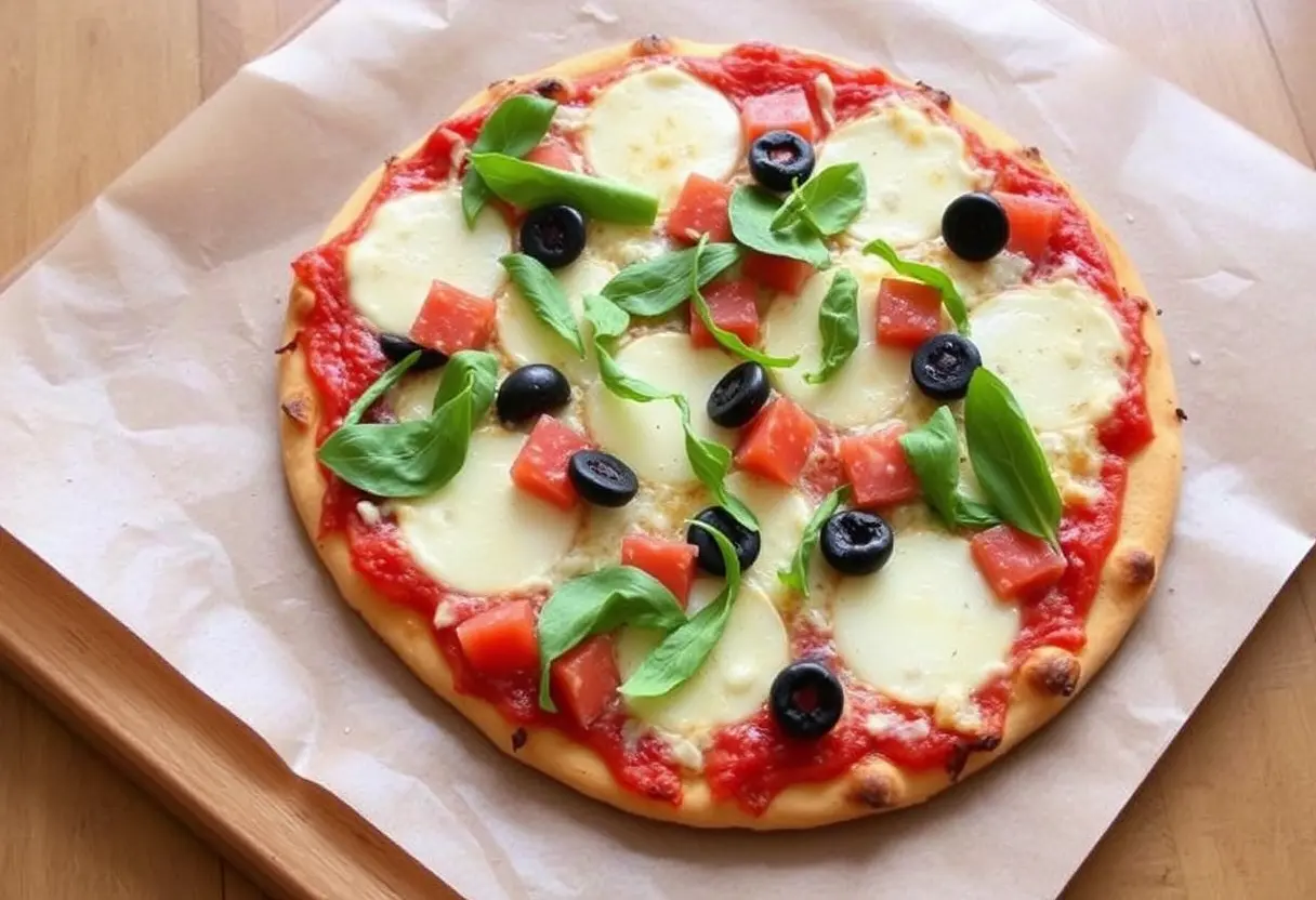 Pizza topped with mozzarella cheese, tomato slices, black olives, and fresh basil leaves on parchment paper.