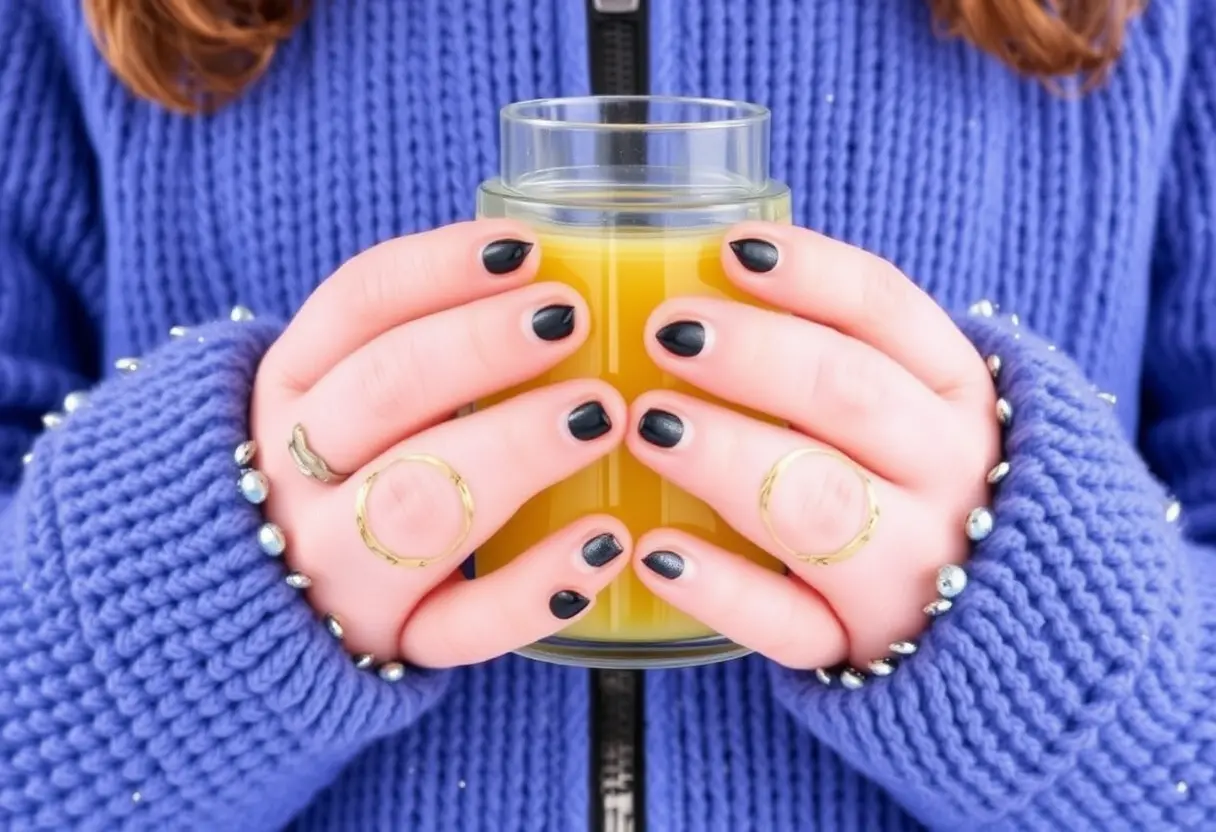 Hands with black nail polish and several rings holding a glass of orange juice, wearing a knitted purple sweater.