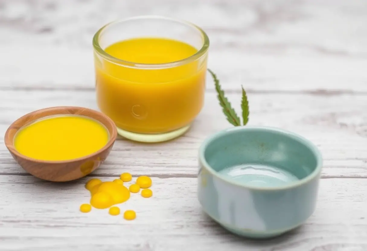 Three small bowls are arranged on a wooden surface. One bowl is filled with bright yellow liquid, one is empty, and the third has yellow liquid spilled around it. A small green leaf is visible on the side.