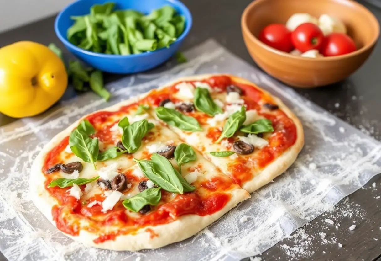 Homemade pizza topped with fresh basil, olives, and cheese. Bowls of fresh greens and cherry tomatoes, along with a yellow bell pepper, are in the background.