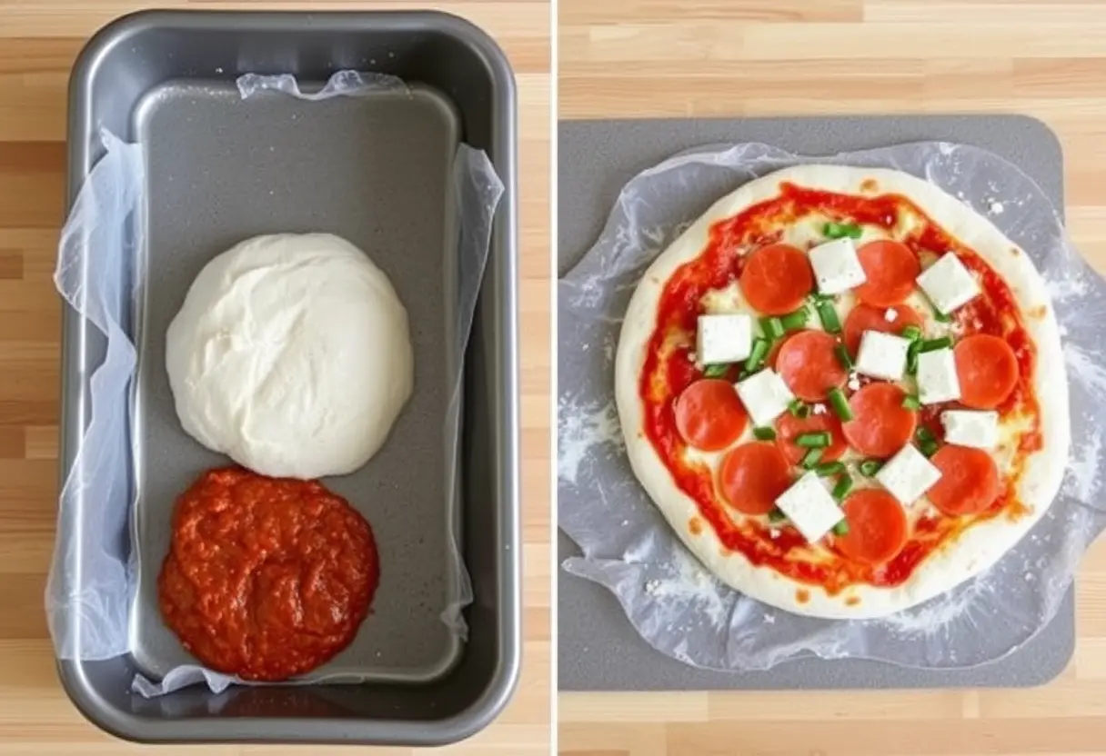 On the left, raw pizza dough and sauce are in a baking pan. On the right, an assembled pizza with pepperoni, cheese cubes, and green toppings is ready to bake.