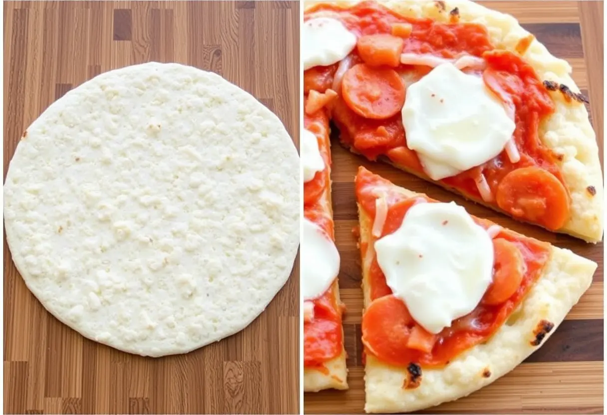 A split image showing a plain pizza crust on the left and a topped and baked pizza with tomato sauce, pepperoni, and mozzarella cheese on the right, both on a wooden surface.