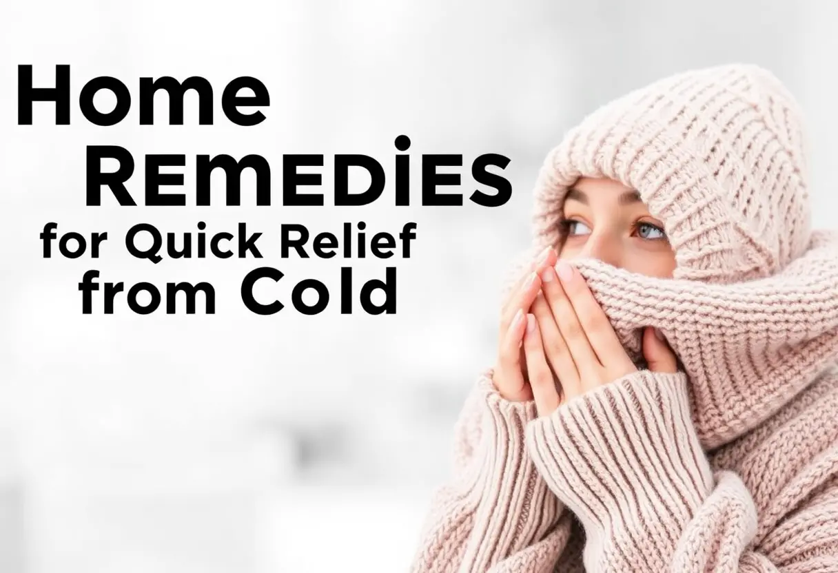 A person wrapped in a cozy knitted sweater and hat holds their hands to their face. The text reads "Home Remedies for Quick Relief from Cold."