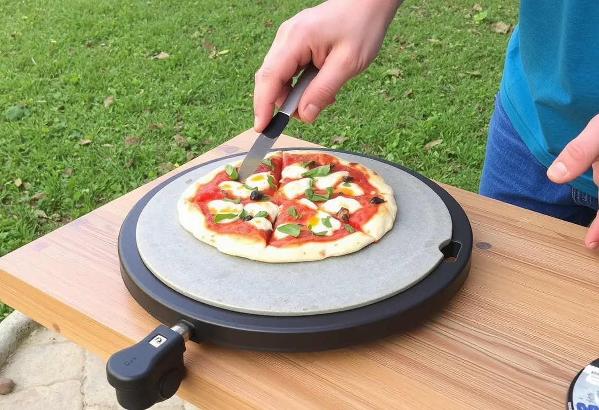 A person slices a small, fresh Margherita pizza on a round pizza stone placed on a wooden table outdoors.