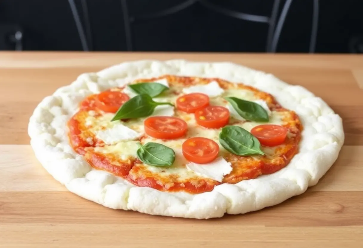 A pizza with a thick, fluffy crust, topped with cheese, tomato slices, and fresh basil leaves, on a wooden surface.