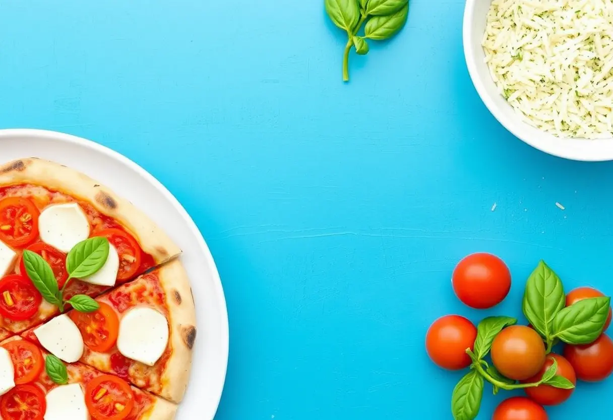 A plate with a sliced pizza topped with tomatoes, mozzarella, and basil is on the left. Beside it, a bowl of grated cheese, cherry tomatoes, and basil leaves are placed on a bright blue surface.