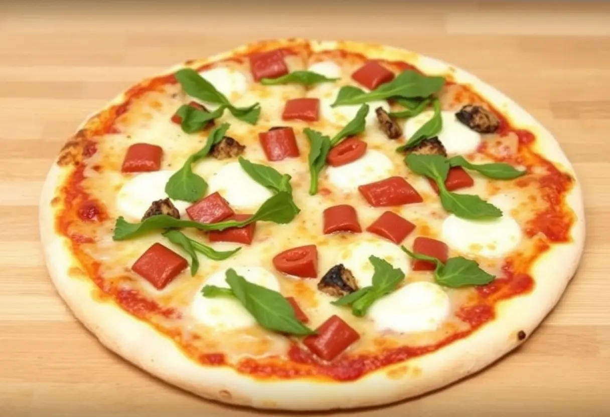 A freshly baked pizza topped with mozzarella, pepperoni slices, grilled chicken pieces, and arugula on a wooden surface.