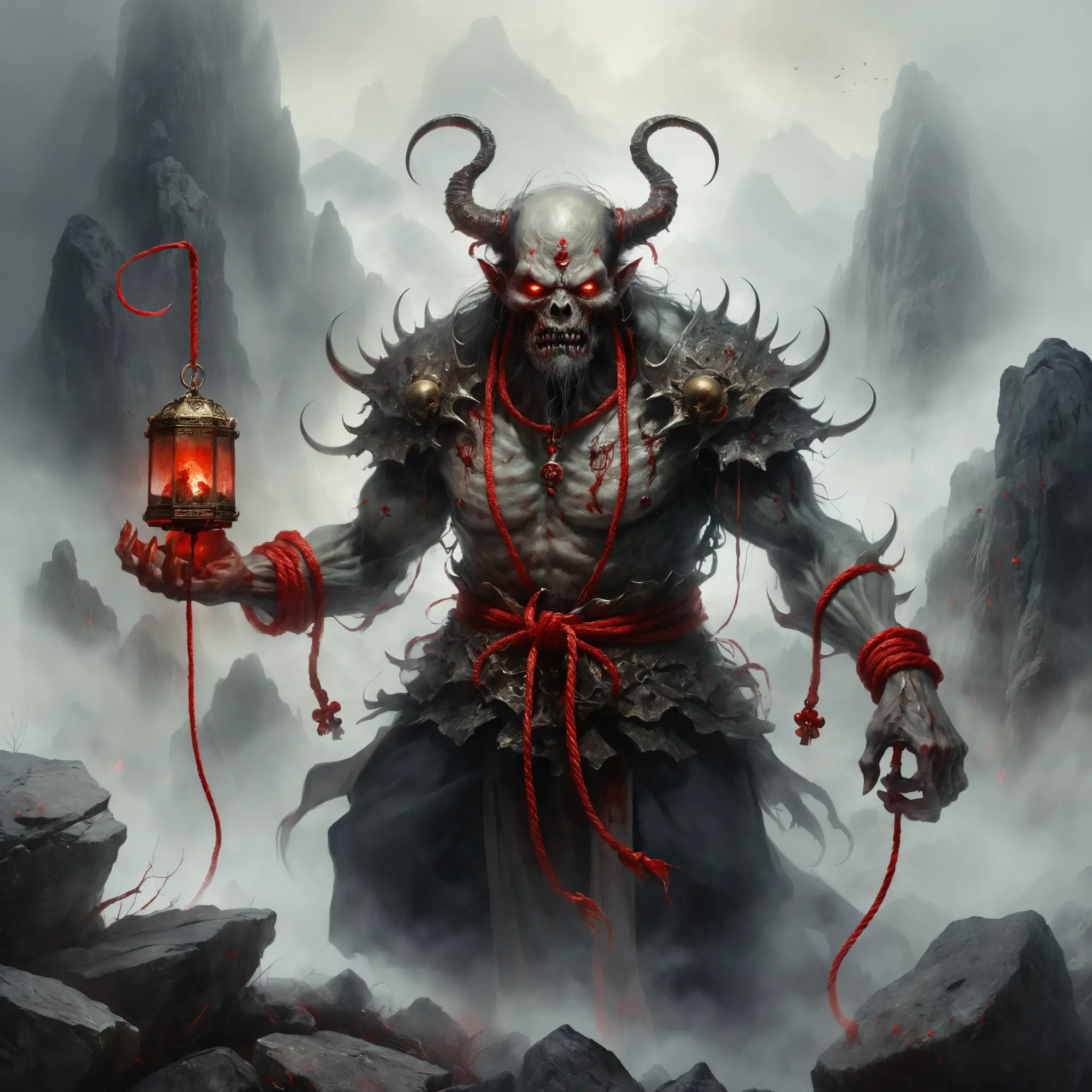 Evil Chinese zombie on a foggy mountain with rocks