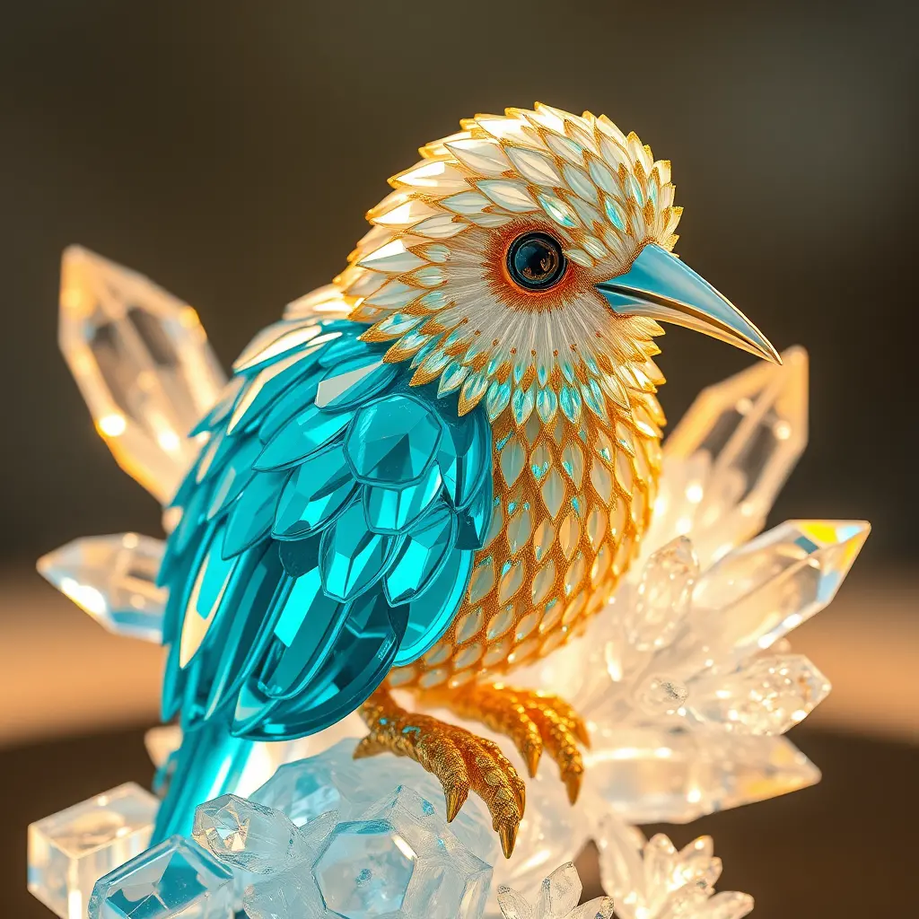 Crystal kiwi bird sculpture with turquoise and gold glow