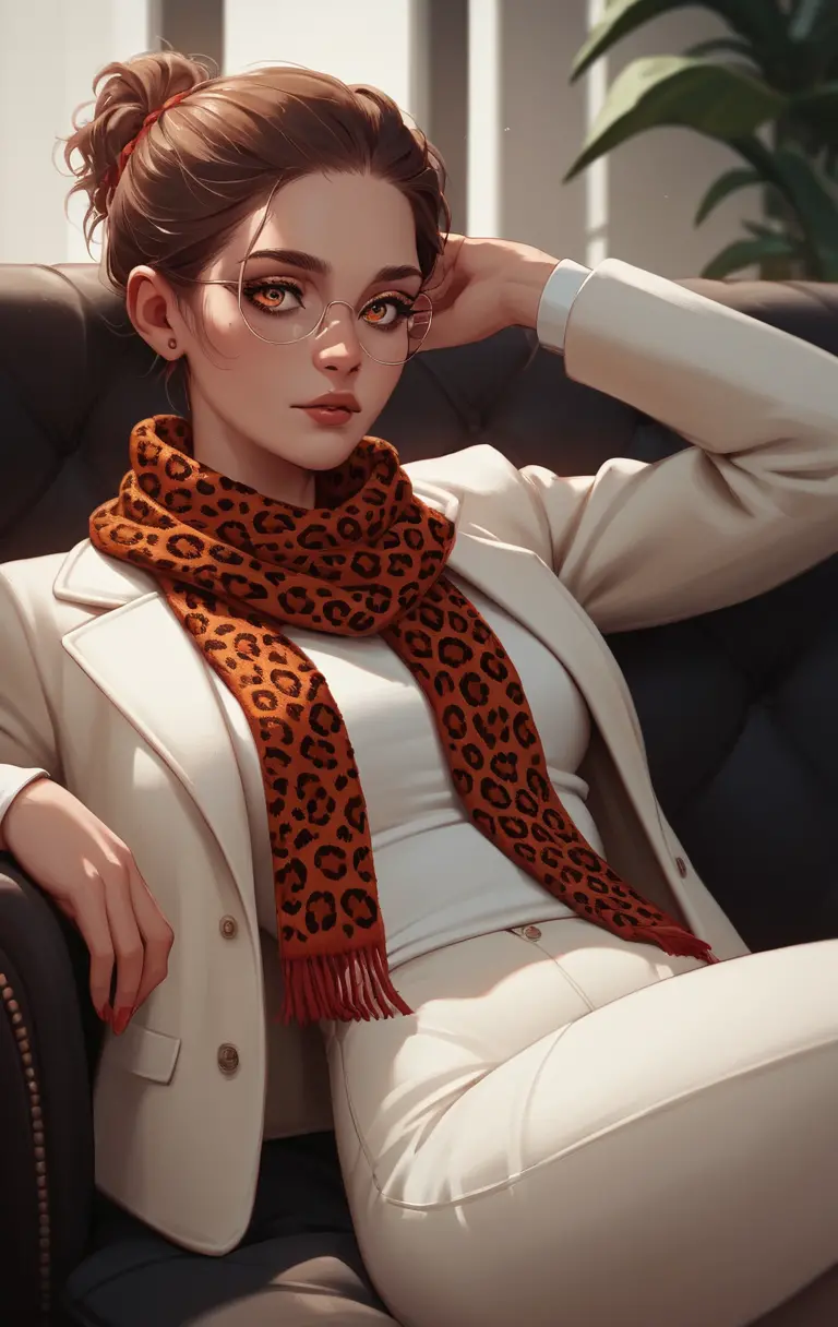 Elegant british woman lounging on sofa in vintage suit