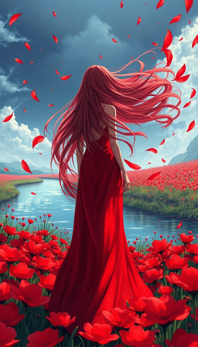 Anime woman across a river in red flower field