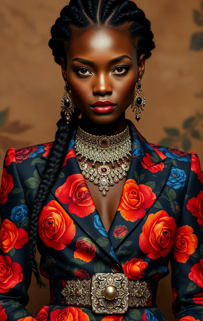 Elegant woman in floral blazer fashion portrait