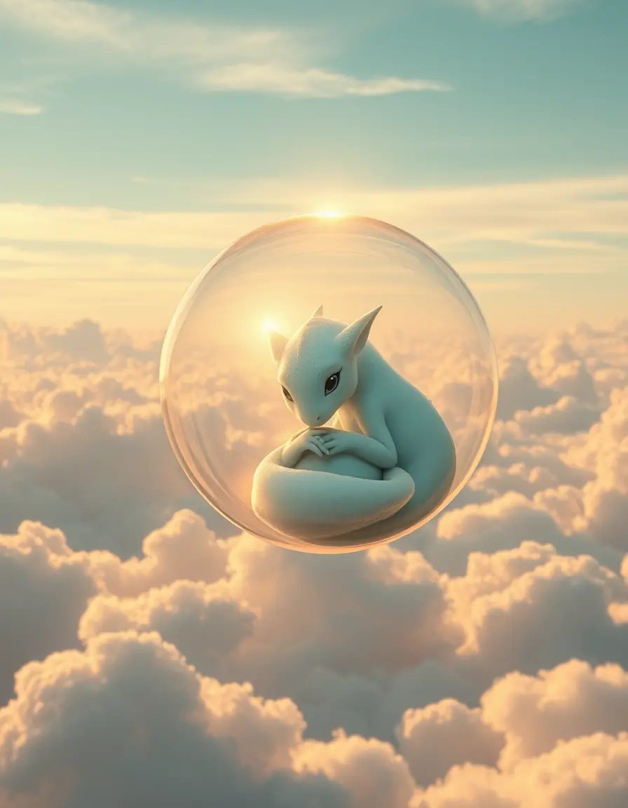 Mythical creature in glowing sphere above colorful clouds
