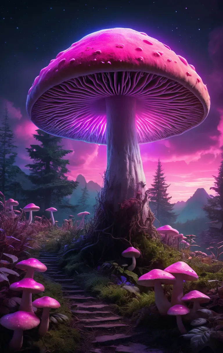 Giant glowing mushroom in a surreal fantasy landscape