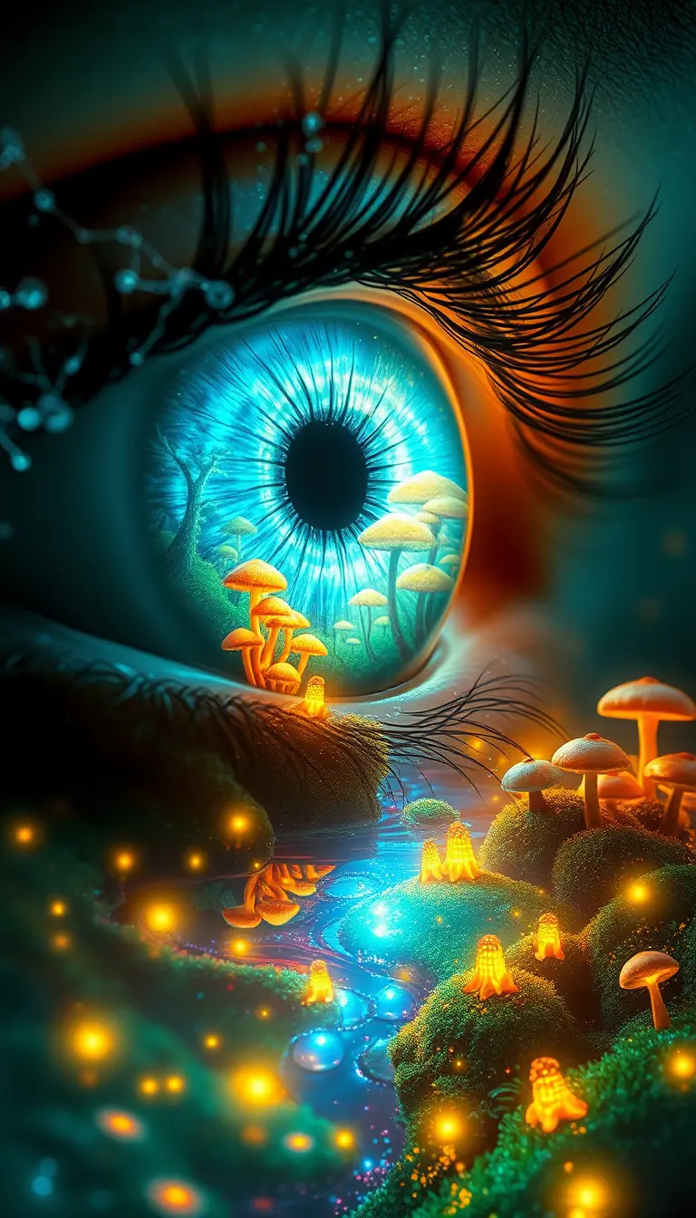 Primer plano surrealista de un ojo místico brillante en el bosque