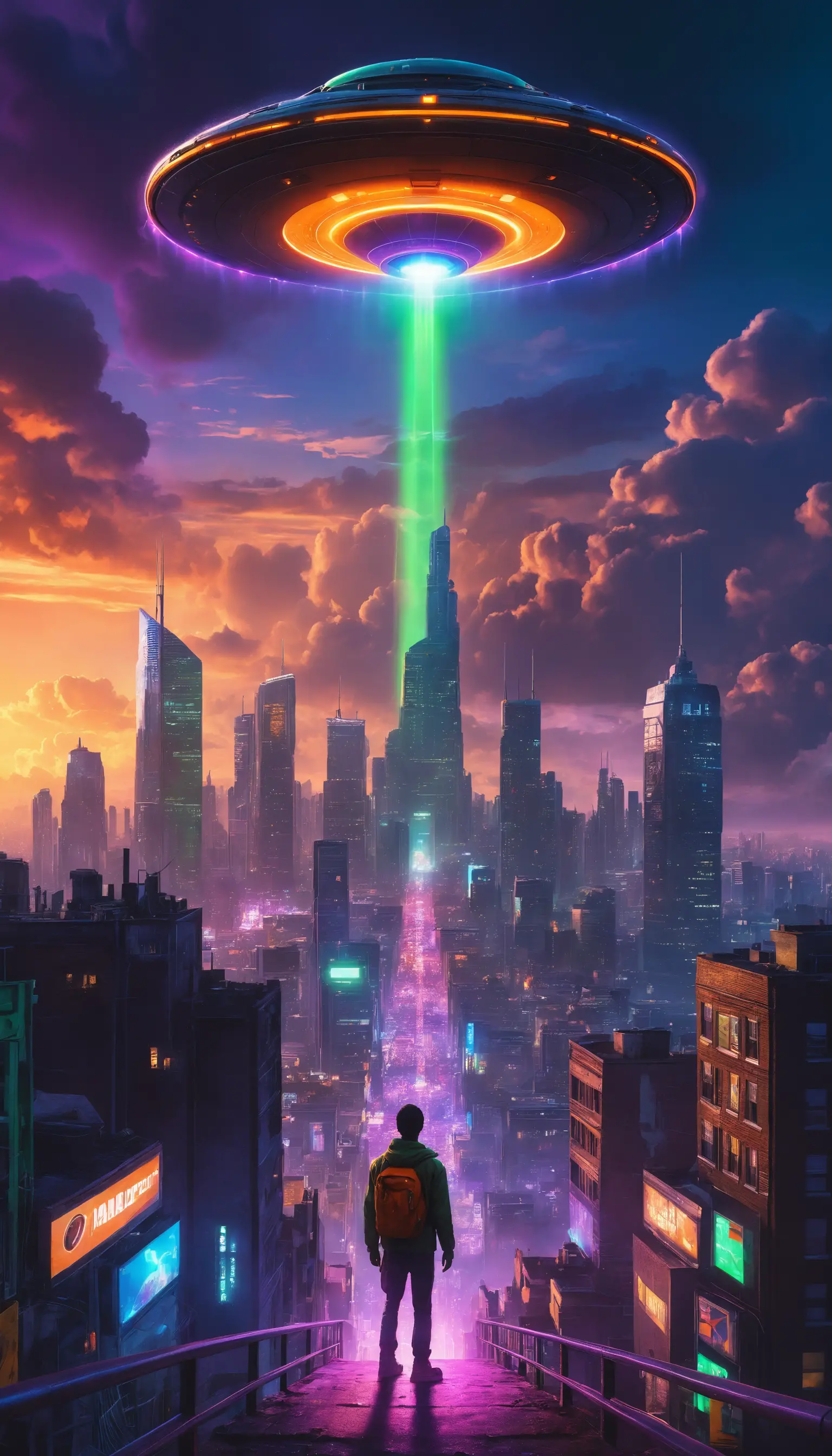 Giant glowing ufo over futuristic city at surreal sunset