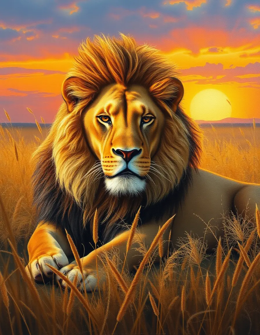 Majestic lion resting in golden African savanna sunset