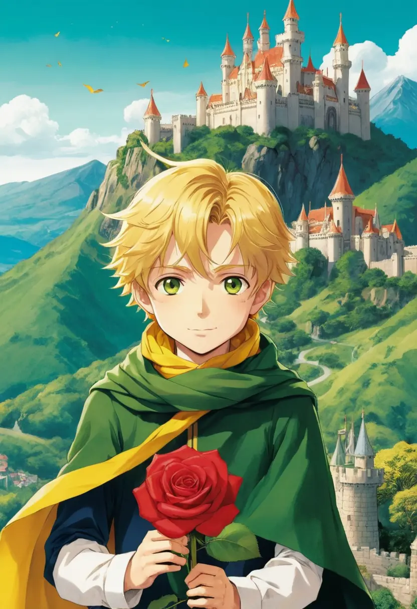 Anime boy caring for a red rose before a mountain castle
