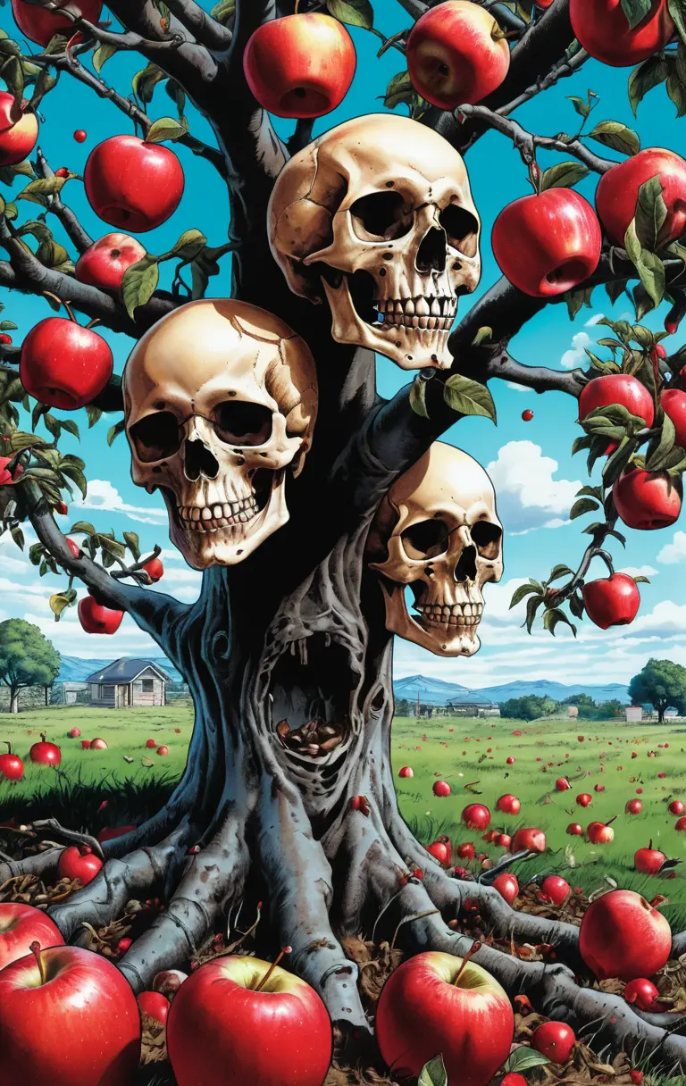 Close up of skulls hanging from a red apple tree