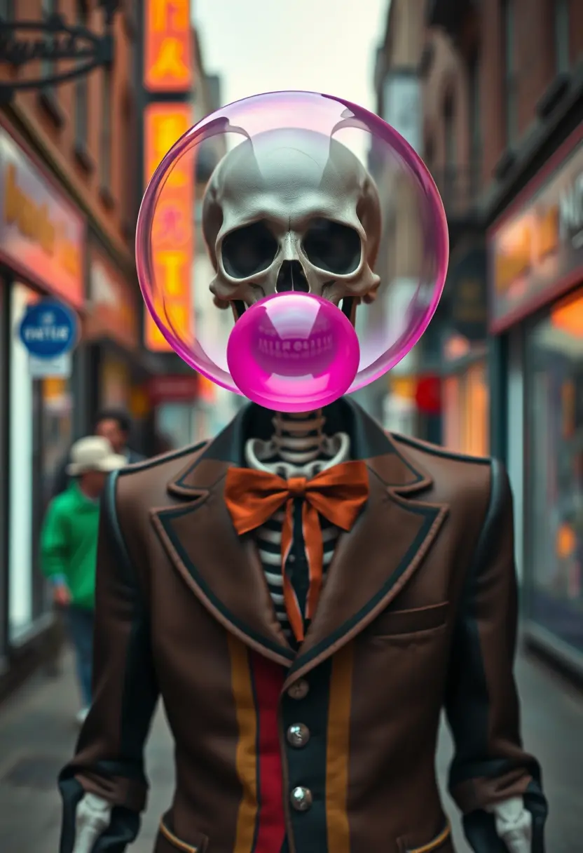 Surreal skeleton man walking on neon city street