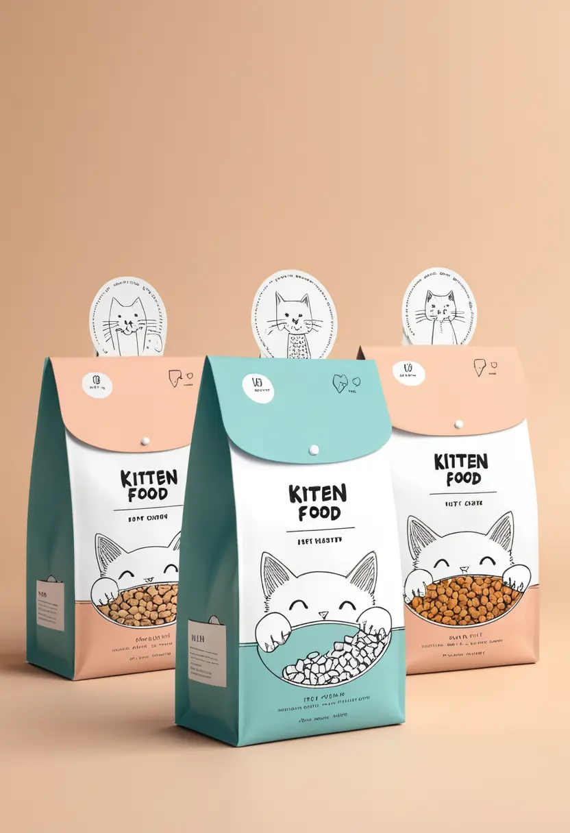 Playful kitten food packaging with doodle style cat art