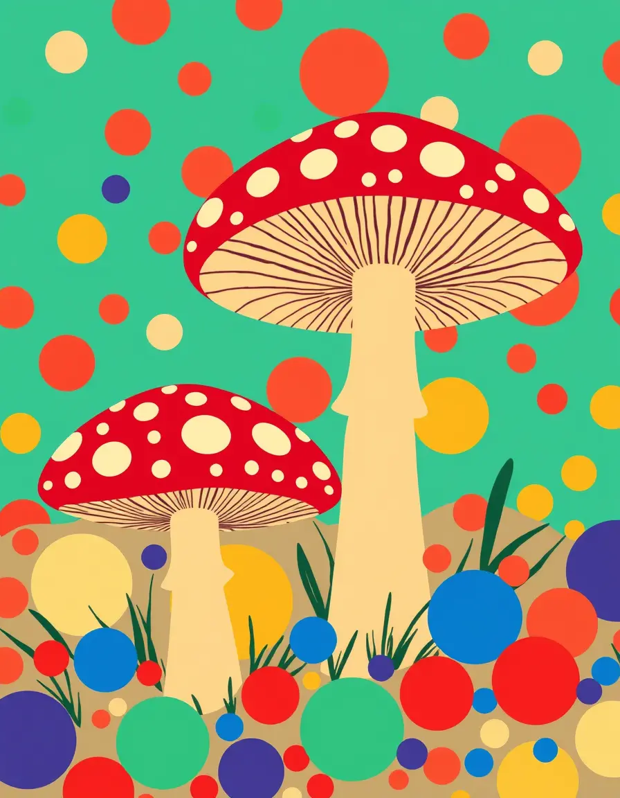 Colorful mushroom illustration with bold abstract background