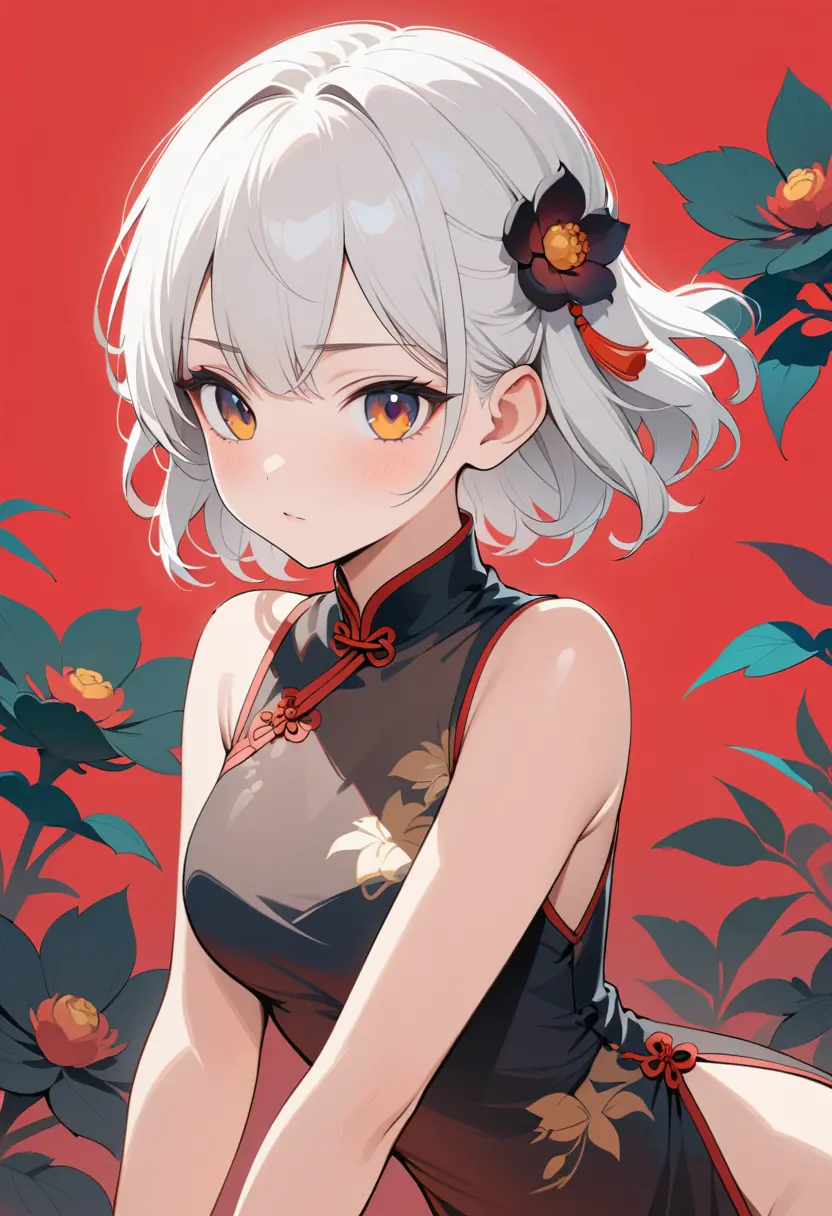 White haired girl in black cheongsam with floral background
