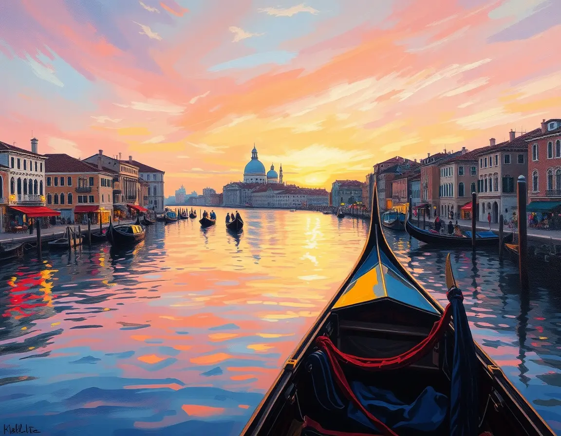 Romantic gondola on quiet Venice canal at dusk