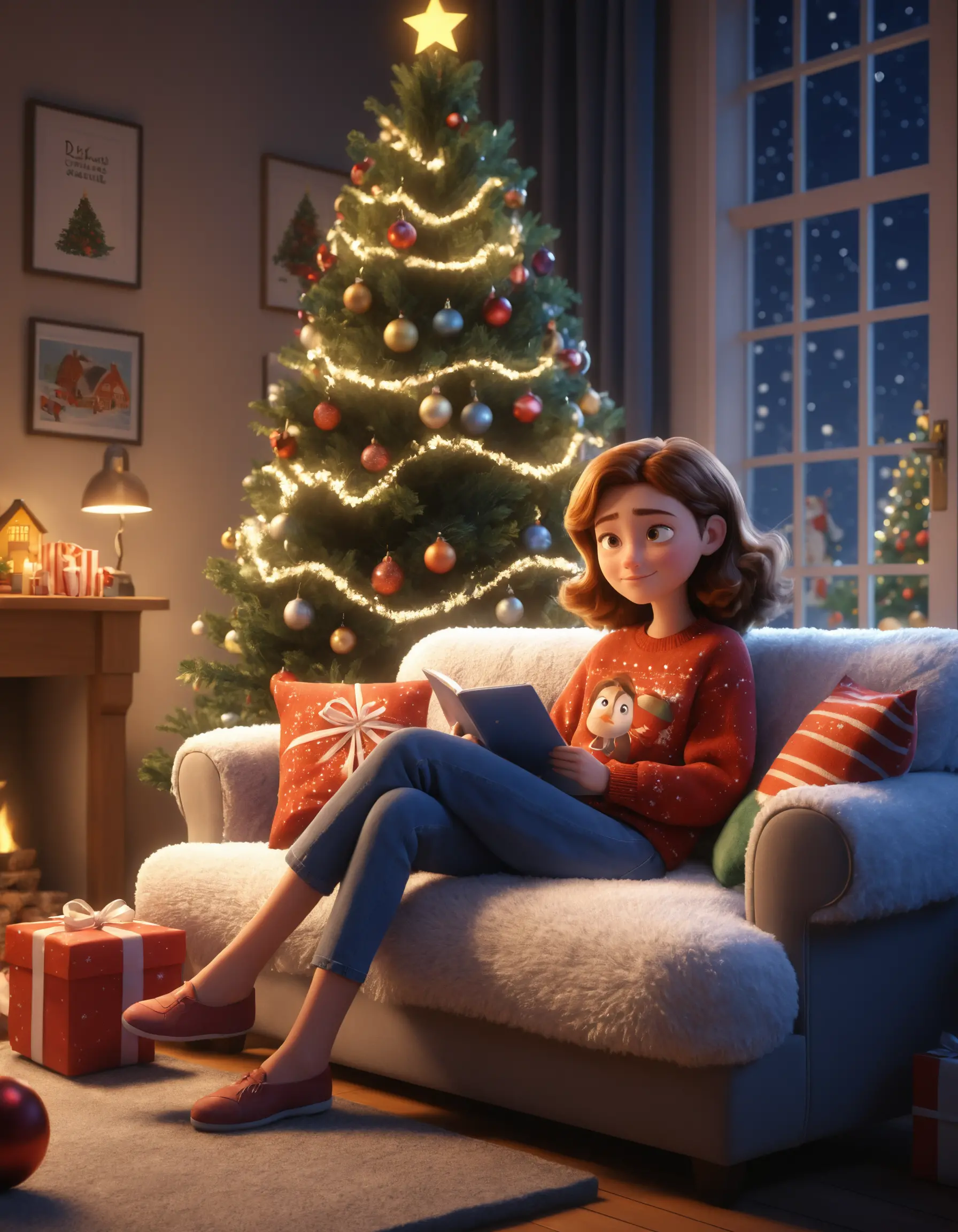 Cozy girl on couch beside glowing Christmas tree at night