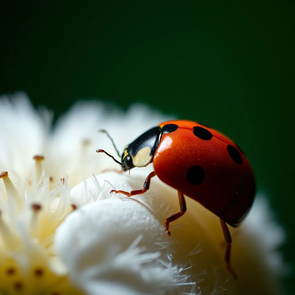 Macro ladybug on flower in low light at night