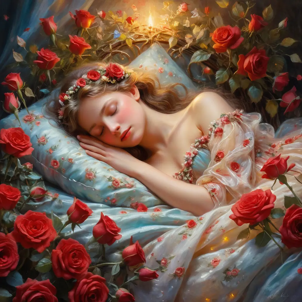 Sleeping fairy on a glowing floral bed of red roses