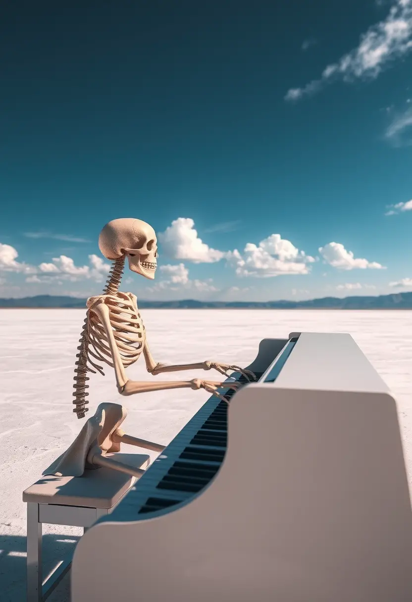 Skeleton playing piano on a surreal salt lake