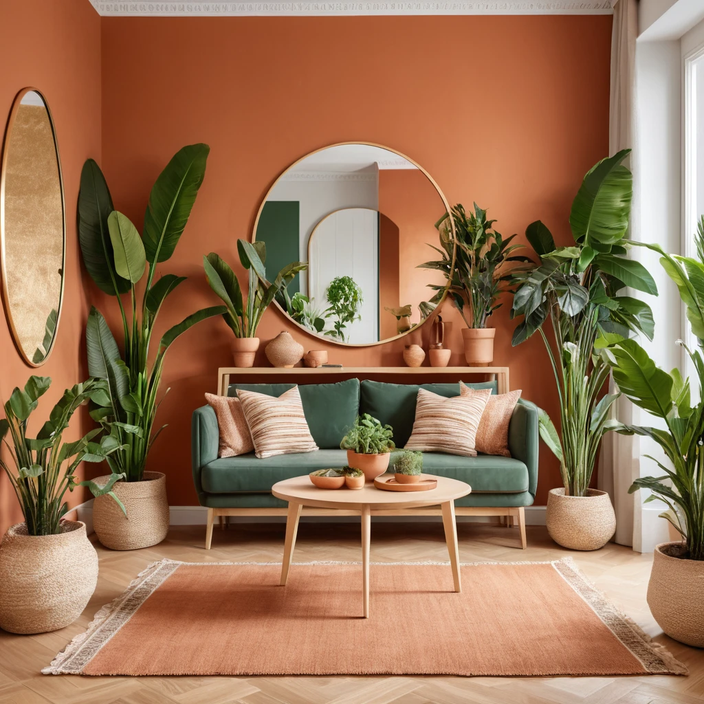 A room with a terracotta accent wall, light wooden furniture, and gold-framed mirrors. 