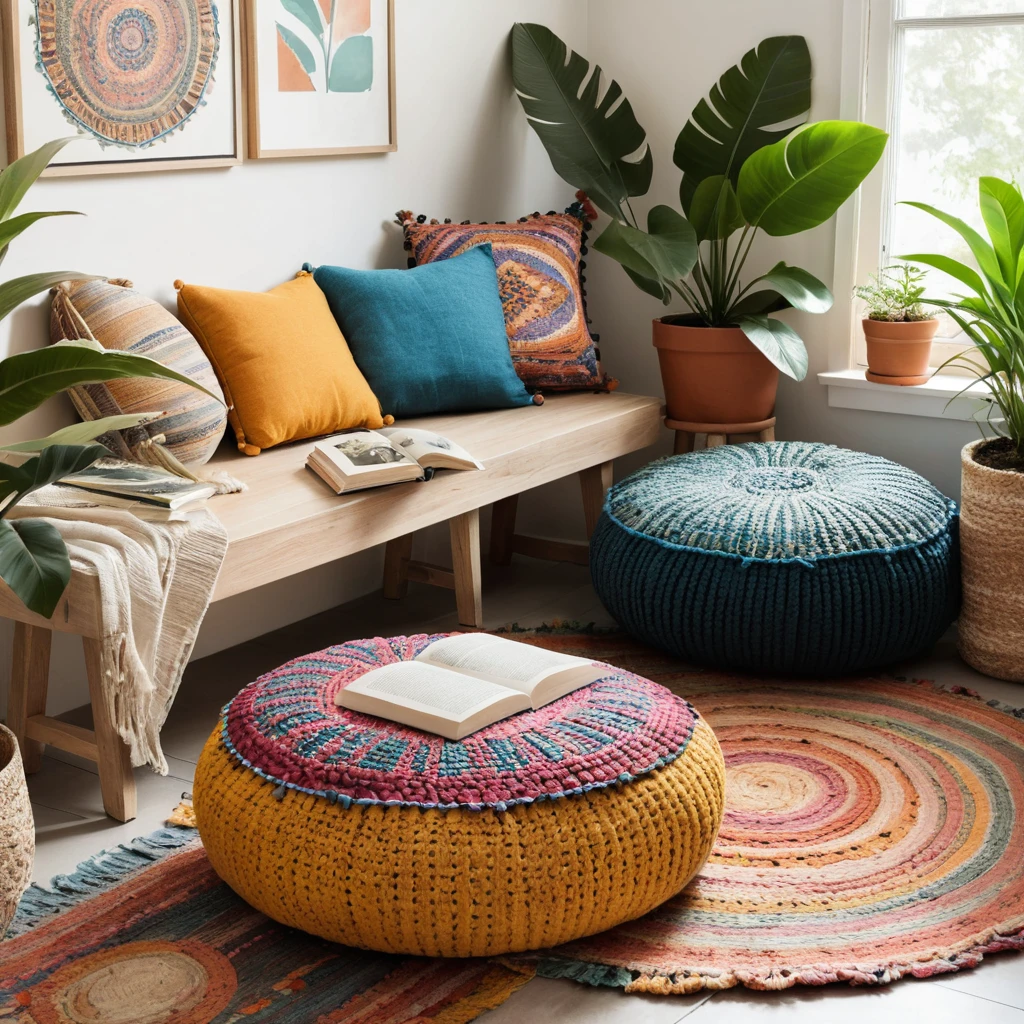 A teen’s boho corner featuring vibrant floor cushions, a woven pouf, and a small side table with a plant and a book.