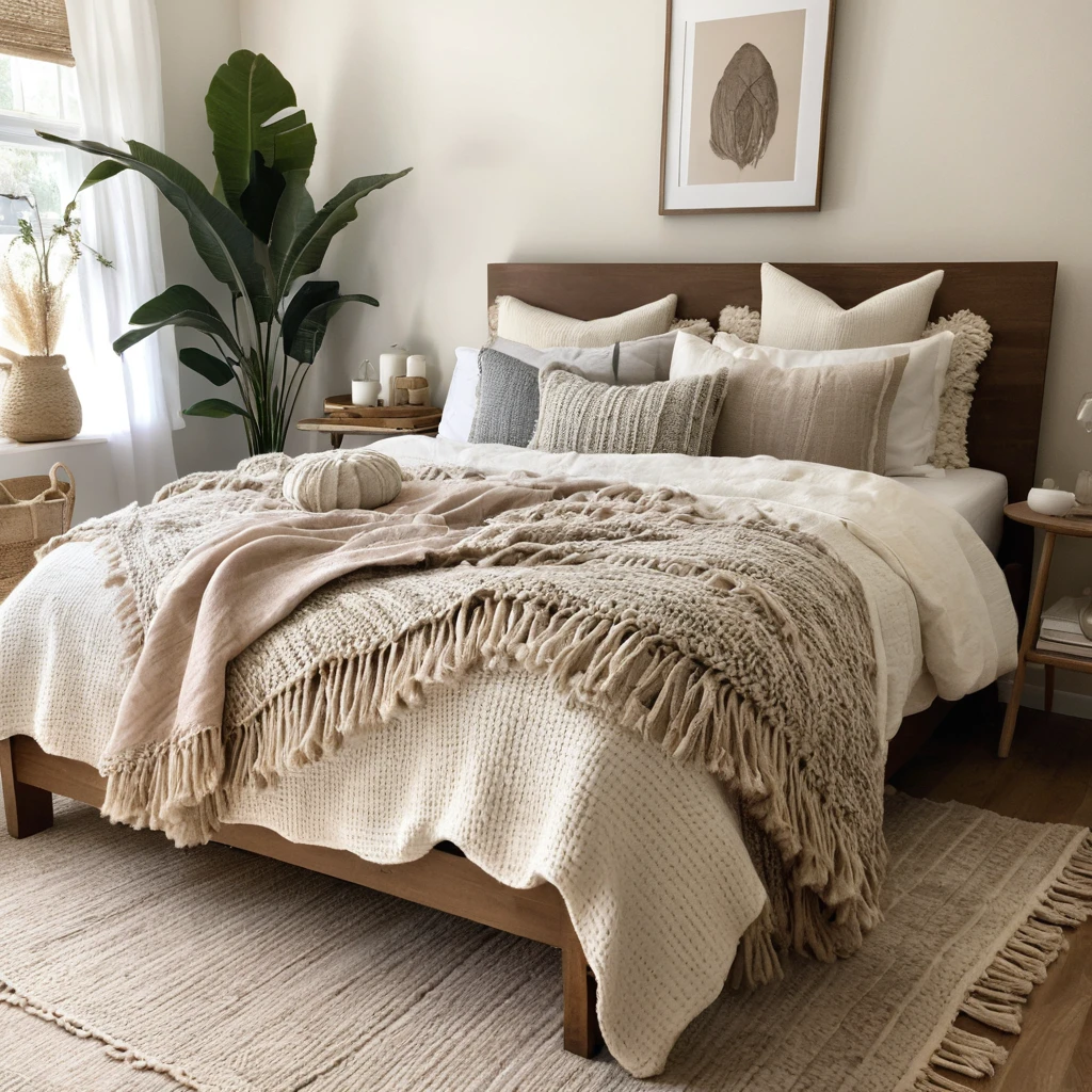 A bed styled with layered throws in muted tones, fringed pillows, and a chunky knit blanket.