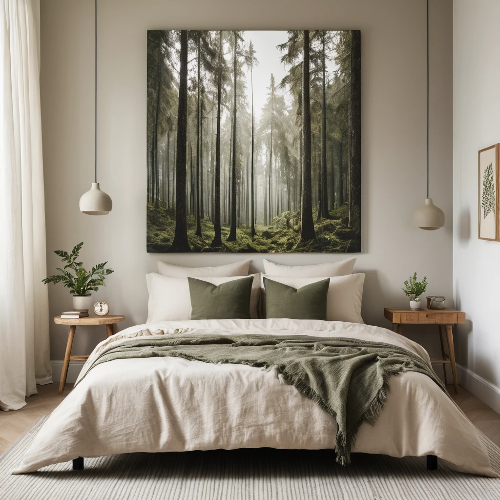 A bedroom with a large forest-themed canvas above the bed