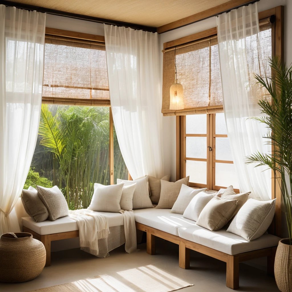 A window framed by sheer white curtains layered over bamboo blinds.