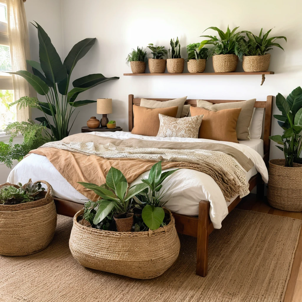 A wooden bed frame surrounded by plants in woven baskets. The decor includes a jute rug and earthy-toned bedding.